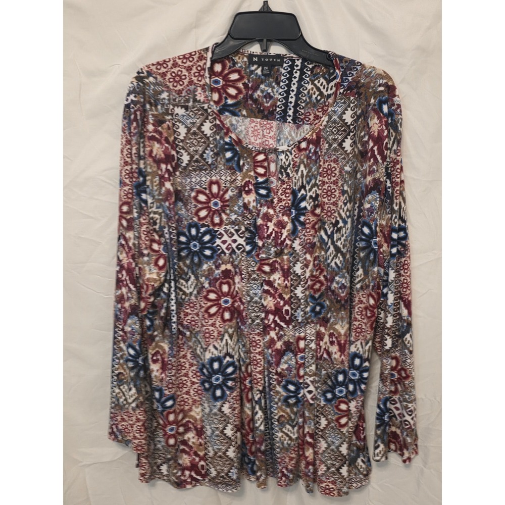 N Touch Womens 2X Long Sleeve Tunic Top Patchwork Floral Print Keyhole Neck Mult